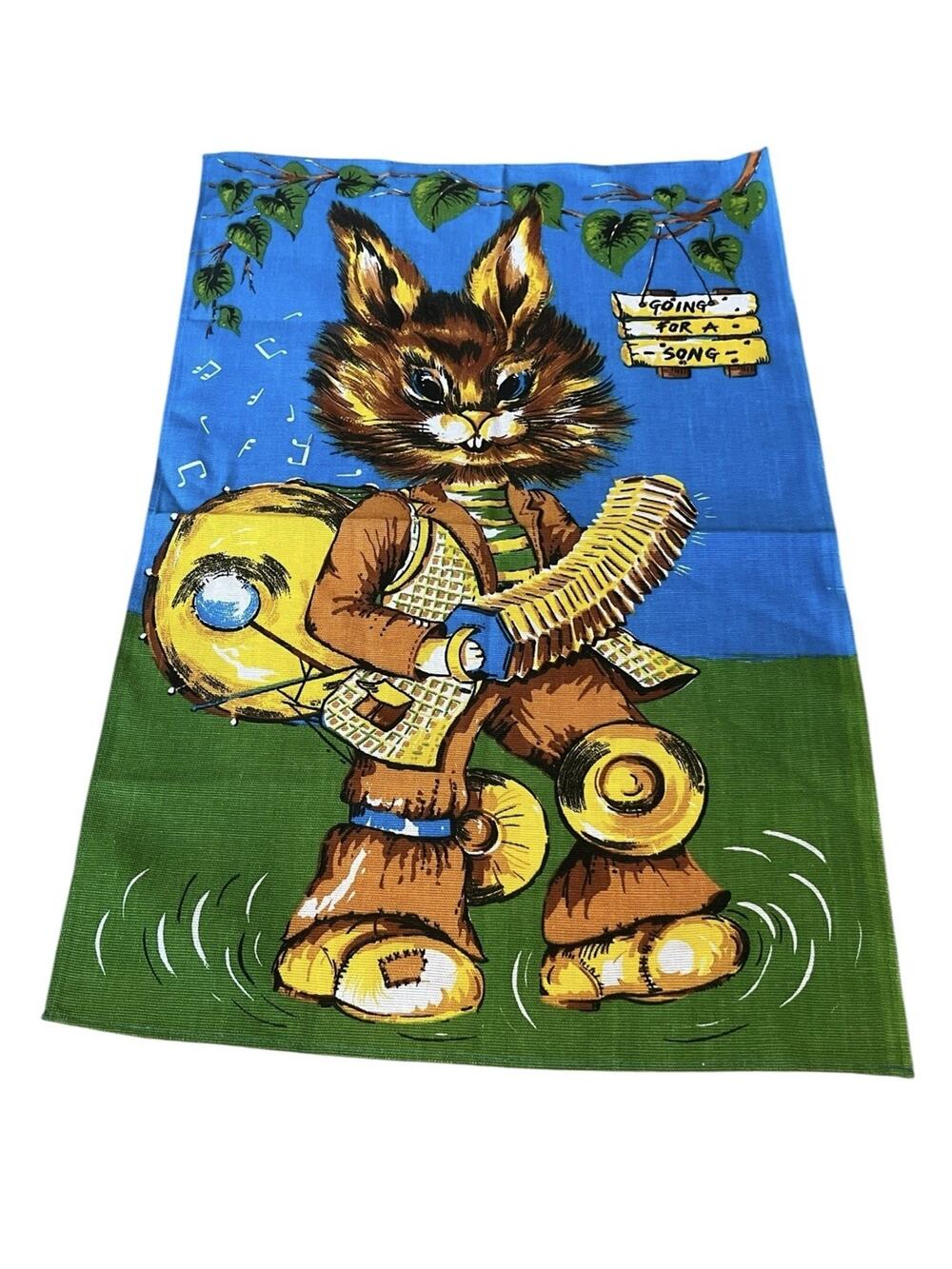VTG Trevor Raynor Tea Towel Rabbit One Man Band Unused Brazil 1970s 17.5 X 26.5”